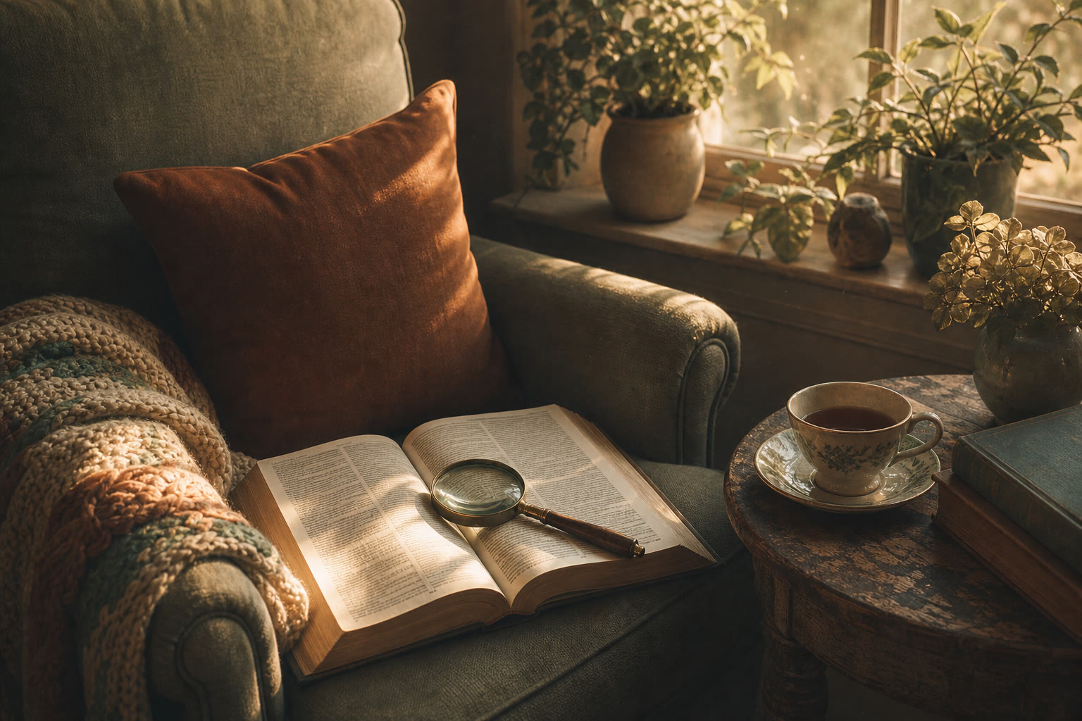 A sunlit reading nook with a hardcover dictionary, a magnifying glass, and a knit afghan on the chair.